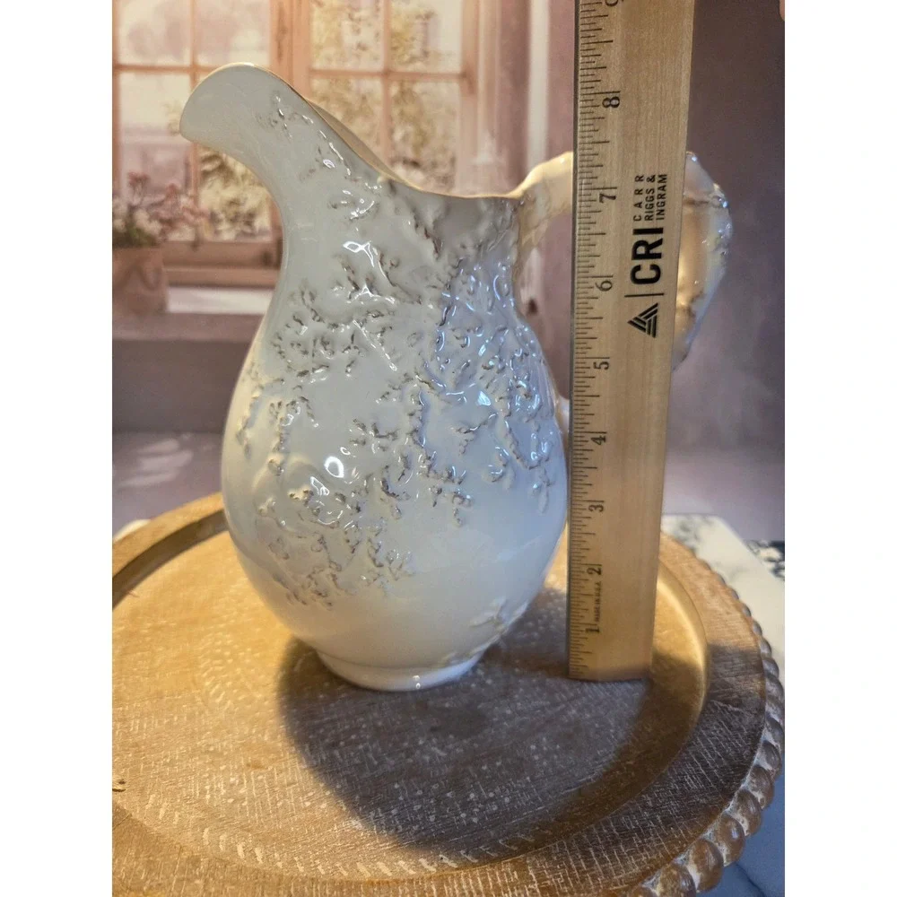 Vintage Italian Style Ceramic Floral‎ Embossed Pitcher Farmhouse Creamer Vase